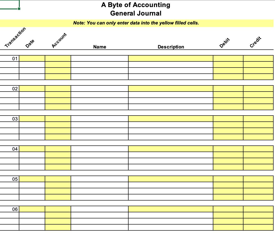 A Byte of Accounting General Journal Note: You can only enter data into the yellow filled cells.