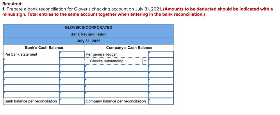 Required: 1. Prepare a bank reconciliation for Glovers checking account on July 31, 2021. (Amounts to be deducted should be