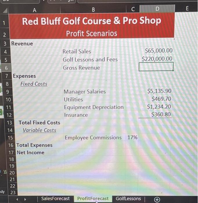 А. BC DE 1Red Bluff Golf Course & Pro Shop Profit Scenarios 23 Revenue 44 Retail Sales Golf Lessons and Fees Gross Reven