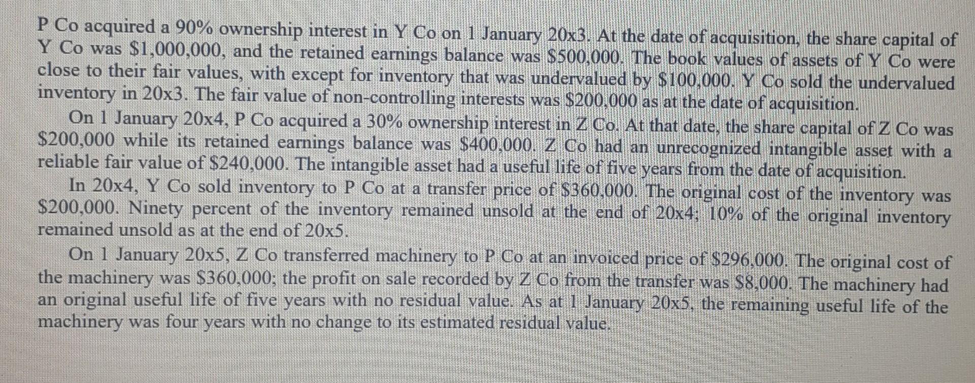 P Co acquired a ( 90 % ) ownership interest in Y Co on 1 January 20x3. At the date of acquisition, the share capital of (