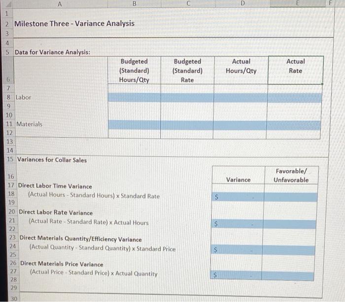 B D1 2 Milestone Three - Variance Analysis 34 5 Data for Variance Analysis: Actual Actual Budgeted (Standard) Hours/Qty Bud