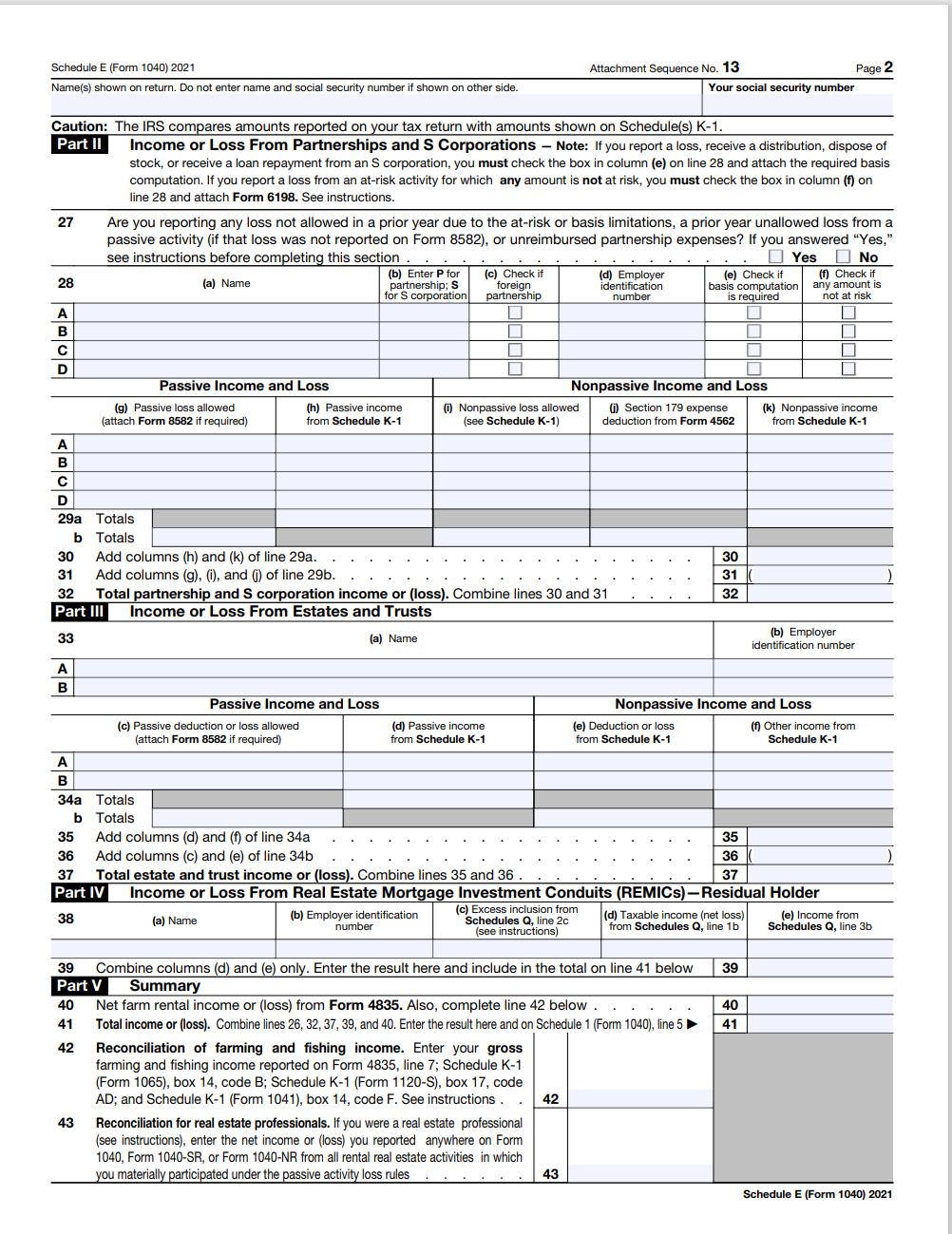 Schedule E (Form 1040) 2021 Attachment Sequence No. 13 Page 2 Name(s) shown on return. Do not enter name and social security