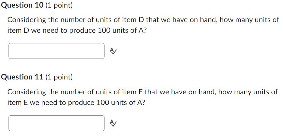 Considering the number of units of item D that we have on hand, how many units of item ( D ) we need to produce 100 units o