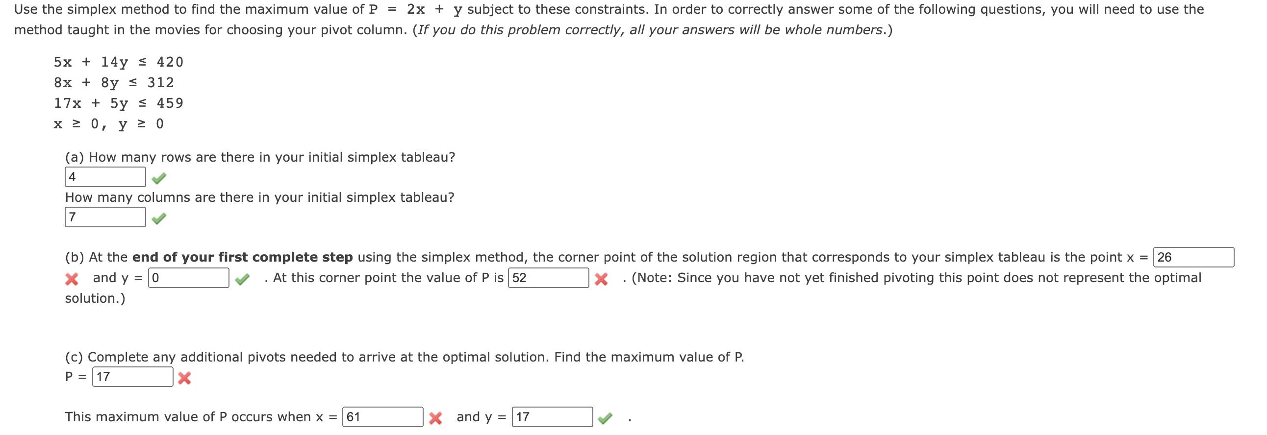 ie the simplex method to find the maximum value of \( P=2 x+y \) subject to these constraints. In order to correctly answer s