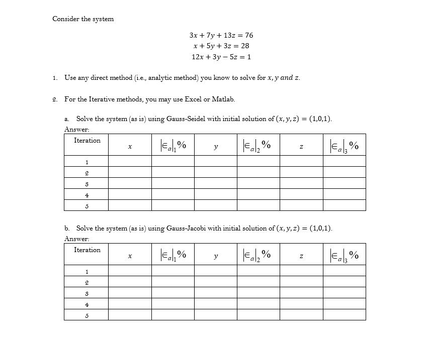 Consider the system 1. Use any direct method (i.e., analytic method) you know to solve for x,y and z. 2. For