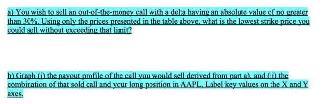 a) You wish to sell an out-of-the-money call with a delta having an absolute value of no greater than 30%.