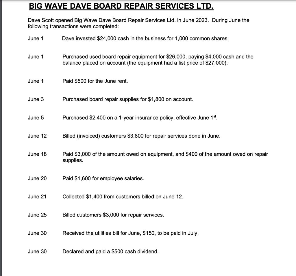 Dave Scott opened Big Wave Dave Board Repair Services Ltd. in June 2023. During June the following transactions were complete