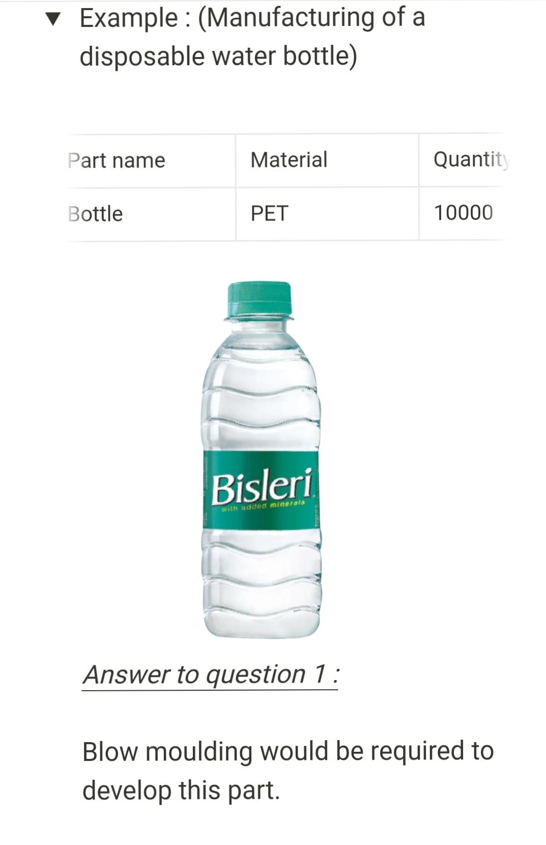 Example: (Manufacturing of a disposable water bottle) Part name Bottle Material PET Bisleri with added