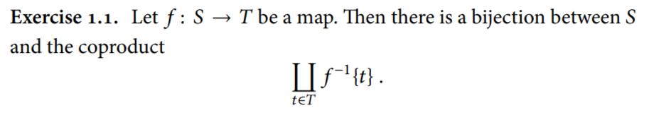Exercise 1.1. Let ( f: S ightarrow T ) be a map. Then there is a bijection between ( S ) and the coproduct [ coprod_{