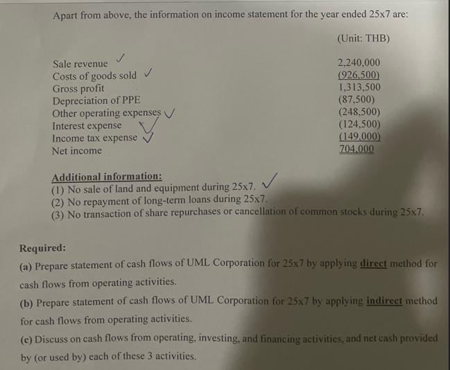 Apart from above, the information on income statement for the year ended 25x7 are: (Unit: THB) Sale revenue