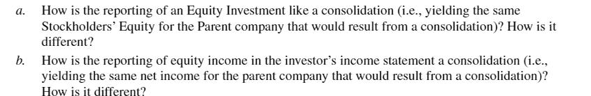 a. How is the reporting of an Equity Investment like a consolidation (i.e., yielding the same Stockholders Equity for the Pa