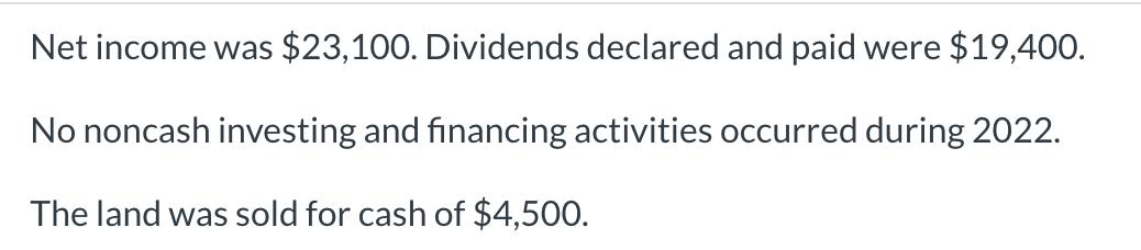 Net income was ( $ 23,100 ). Dividends declared and paid were ( $ 19,400 ). No noncash investing and financing activiti