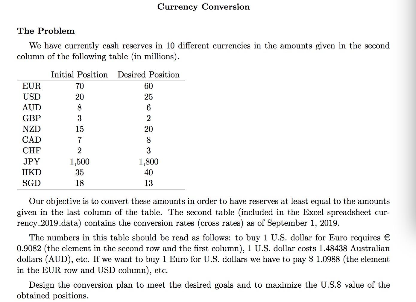 The Problem We have currently cash reserves in 10 different currencies in the amounts given in the second