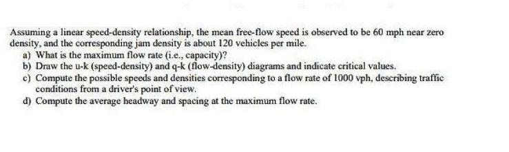 Assuming a linear speed-density relationship, the mean free-flow speed is observed to be 60 mph near zero