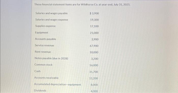 These financiat statement items are for Wildhorse Co. at year-end, July 31, 2025.