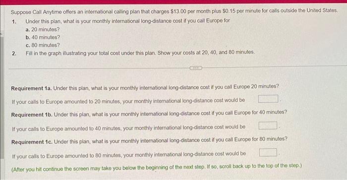 Suppose Call Anytime offers an international calling plan that charges ( $ 13.00 ) per month plus ( $ 0.15 ) per minute