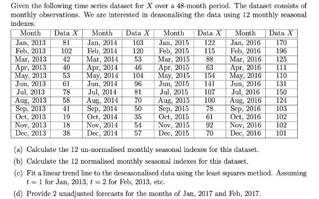 Given the following time series dataset for X over a 48-month period. The dataset consists of monthly