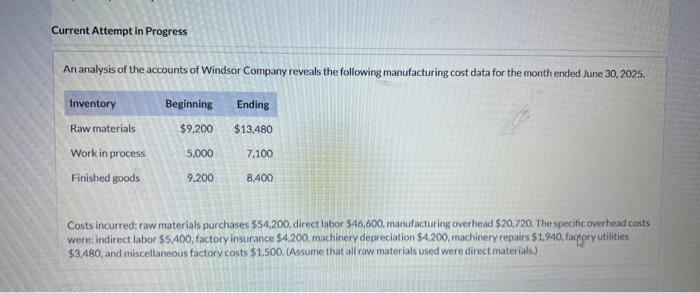 Current Attempt in Progress An analysis of the accounts of Windsor Company reveals the following manufacturing cost data for