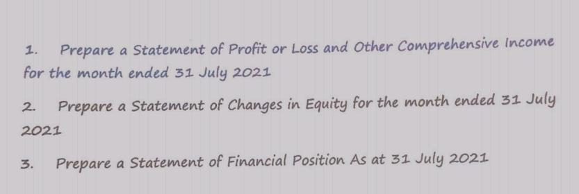 1. Prepare a Statement of Profit or Loss and Other Comprehensive Income for the month ended 31 July 2021 2.