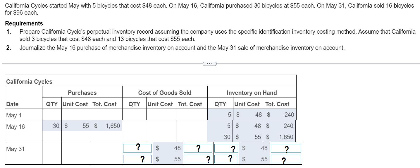 California Cycles started May with 5 bicycles that cost ( $ 48 ) each. On May 16 , California purchased 30 bicycles at (