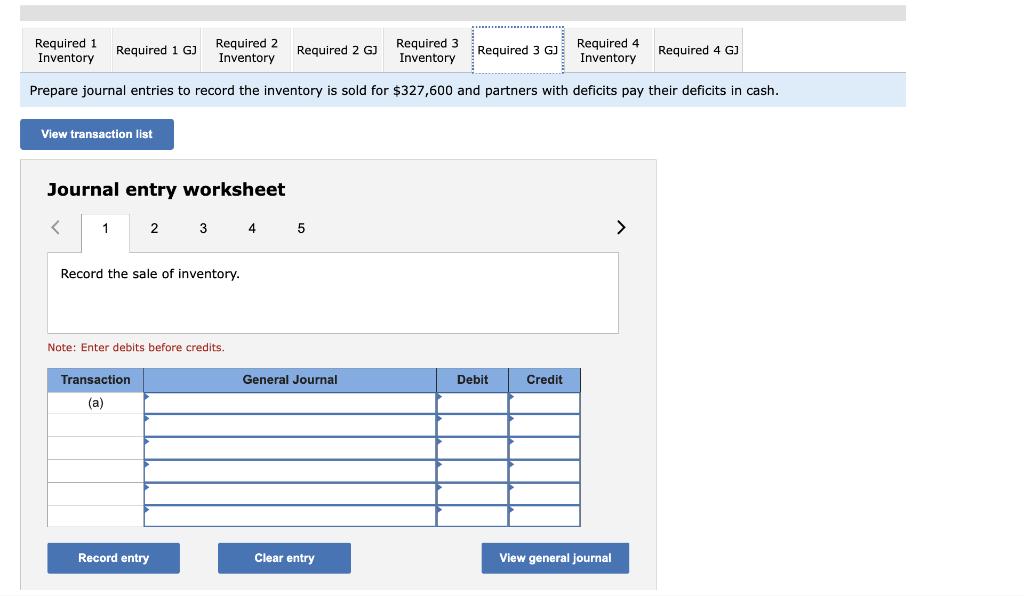 Prepare journal entries to record the inventory is sold for ( $ 327,600 ) and partners with deficits pay their deficits in