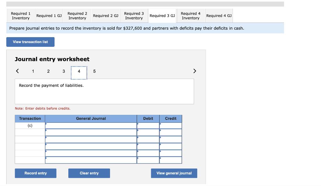 Prepare journal entries to record the inventory is sold for ( $ 327,600 ) and partners with deficits pay their deficits in