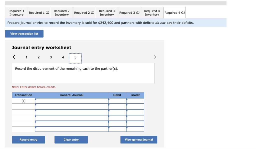 Prepare journal entries to record the inventory is sold for ( $ 242,400 ) and partners with deficits do not pay their defi