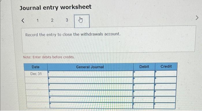 Journal entry worksheet12Record the entry to close the withdrawals account.Note: Enter debits before credits.