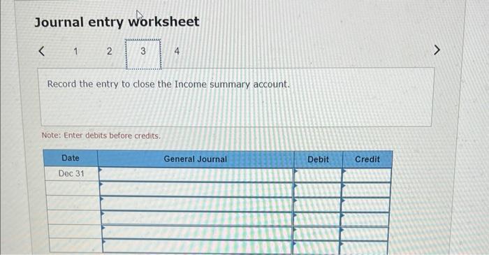 Journal entry worksheetRecord the entry to close the Income summary account.Note: Enter debits before credits.
