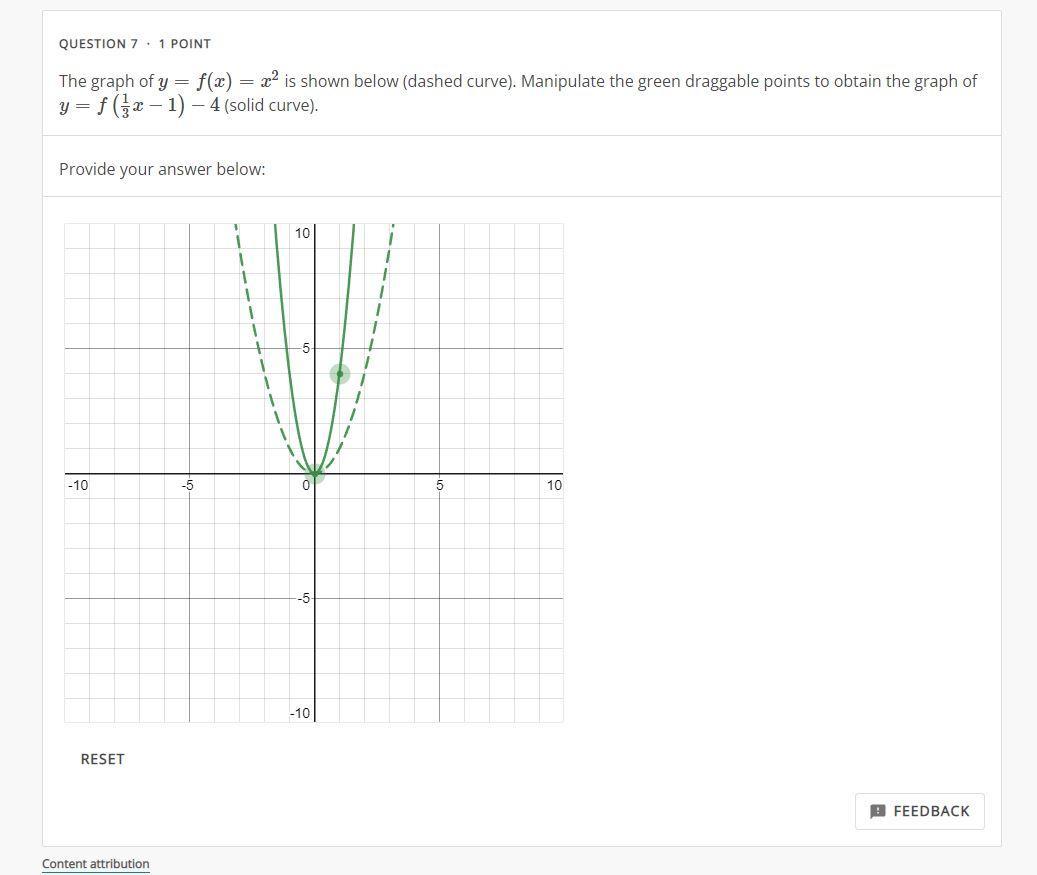The graph of ( y=f(x)=x^{2} ) is shown below (dashed curve). Manipulate the green draggable points to obtain the graph of 