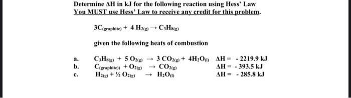 Determine AH in kJ for the following reaction using Hess' Law You MUST use Hess' Law to receive any credit