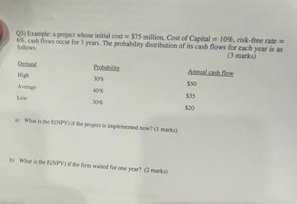 Q3) Example: a project whose initial cost ( =$ 75 ) million, Cost of Capital ( =10 % ), risk-free rate ( = ) 6%, cas