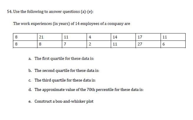54. Use the following to answer questions (a)-(e): The work experiences (in years) of 14 employees of a company are 821 11 4