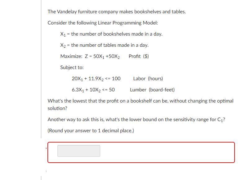 The Vandelay furniture company makes bookshelves and tables. Consider the following Linear Programming Model: