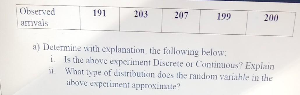 a) Determine with explanation, the following below: i. Is the above experiment Discrete or Continuous? Explain ii. What type