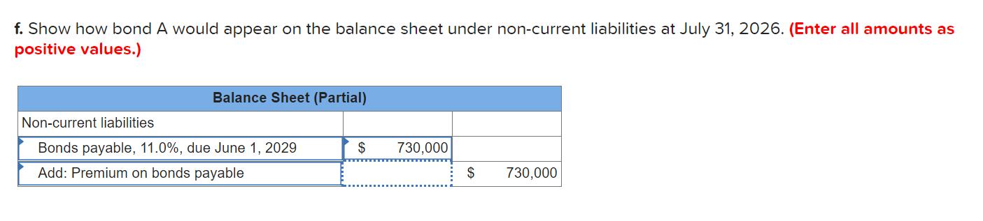 f. Show how bond A would appear on the balance sheet under non-current liabilities at July 31, 2026. (Enter all amounts aspo