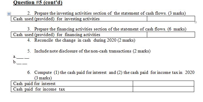 Question #5 (contd) 2. Prepare the investing activities section of the statement of cash flows. (3 marks) Cash used (provide