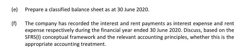 (e) Prepare a classified balance sheet as at 30 June 2020. (f) The company has recorded the interest and rent