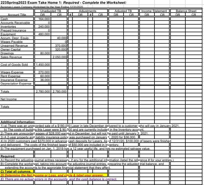 223Spring2023 Exam Take Home 1: Required - Complete the Worksheet: Aozaman L asers Comnany Wlacksheet foc the Year Fnding 12/