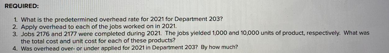 REQUIRED: 1. What is the predetermined overhead rate for 2021 for Department 203? 2. Apply overhead to each