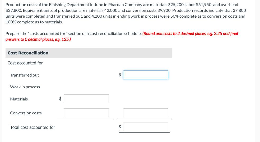 Production costs of the Finishing Department in June in Pharoah Company are materials ( $ 25,200 ), labor ( $ 61,950 ),