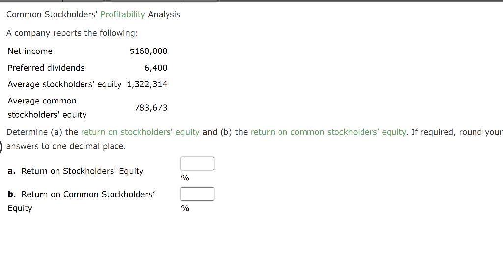 Common Stockholders Profitability Analysis A company reports the following: Determine (a) the return on stockholders equity