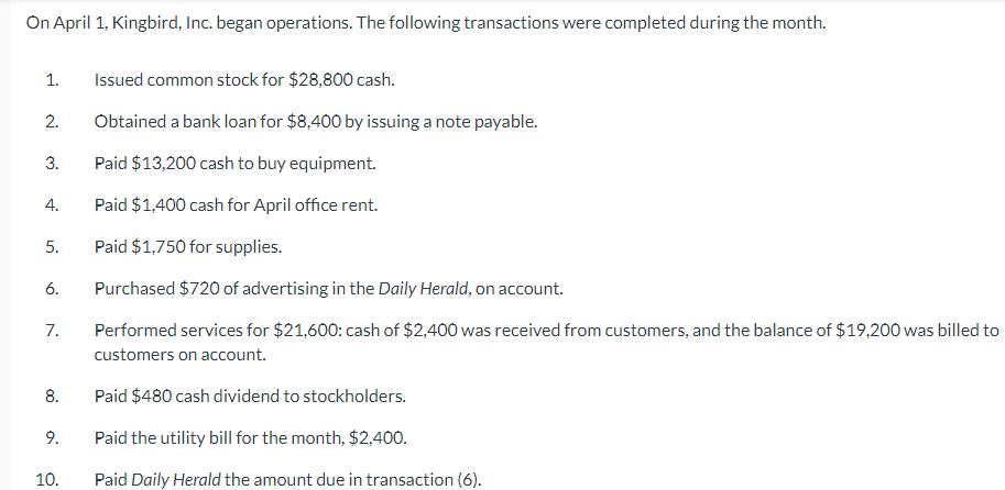 On April 1, Kingbird, Inc. began operations. The following transactions were completed during the month. 1. Issued common sto