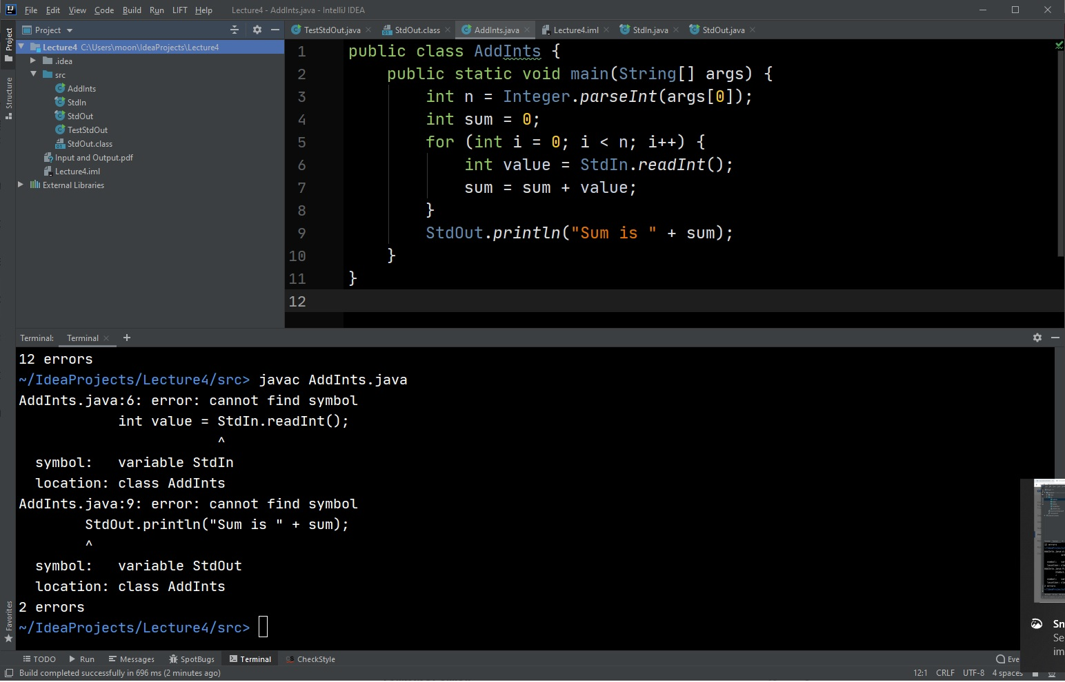 IJ File Edit View Code Build Run LIFT Help Lecture4 - Addints.java