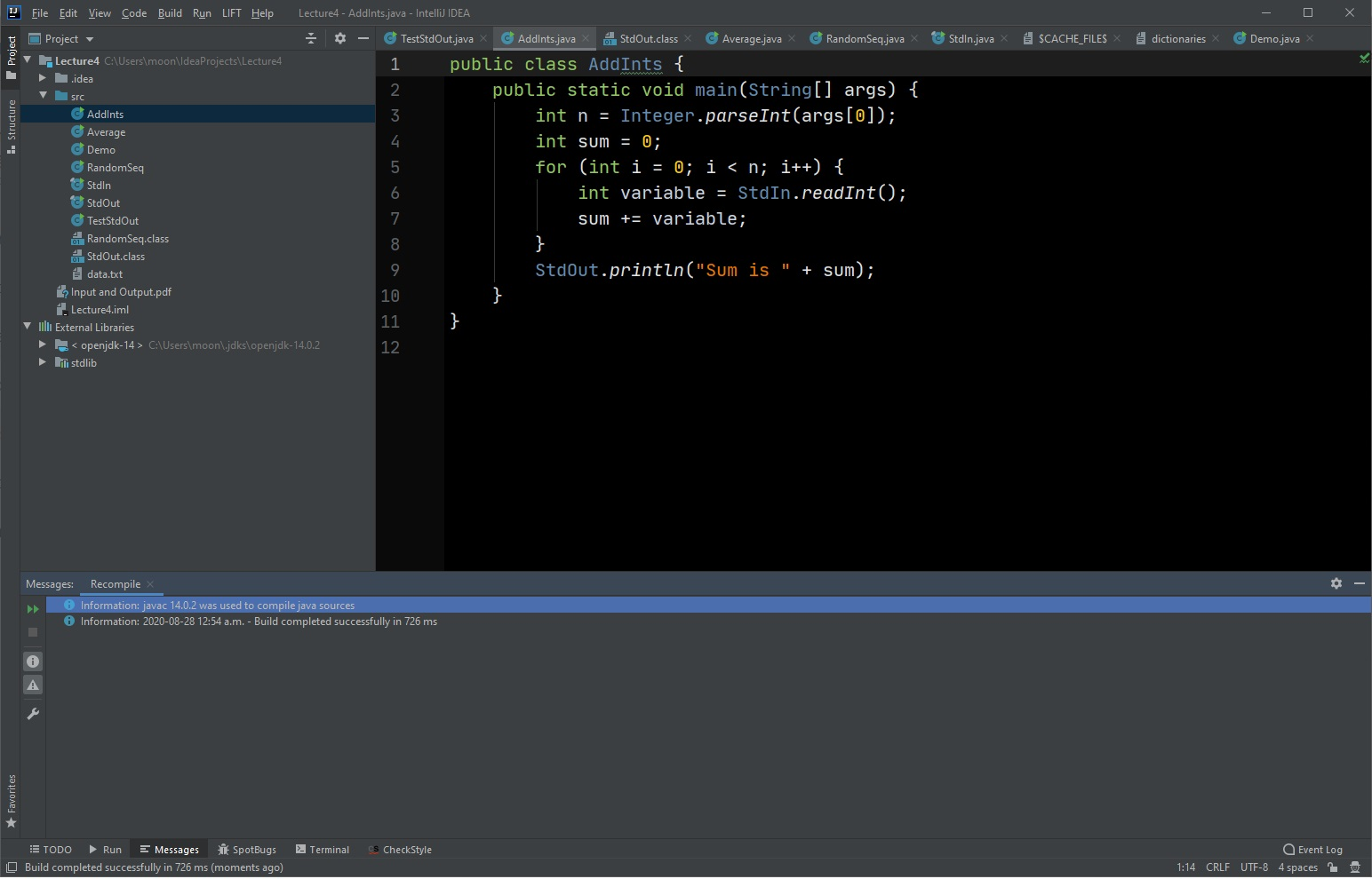 - IntelliJ IDEA TestStdOut.java Structure Project Lecture4 C:\Users\moon\IdeaProjects\Lecture4 .idea src Addints Stdln