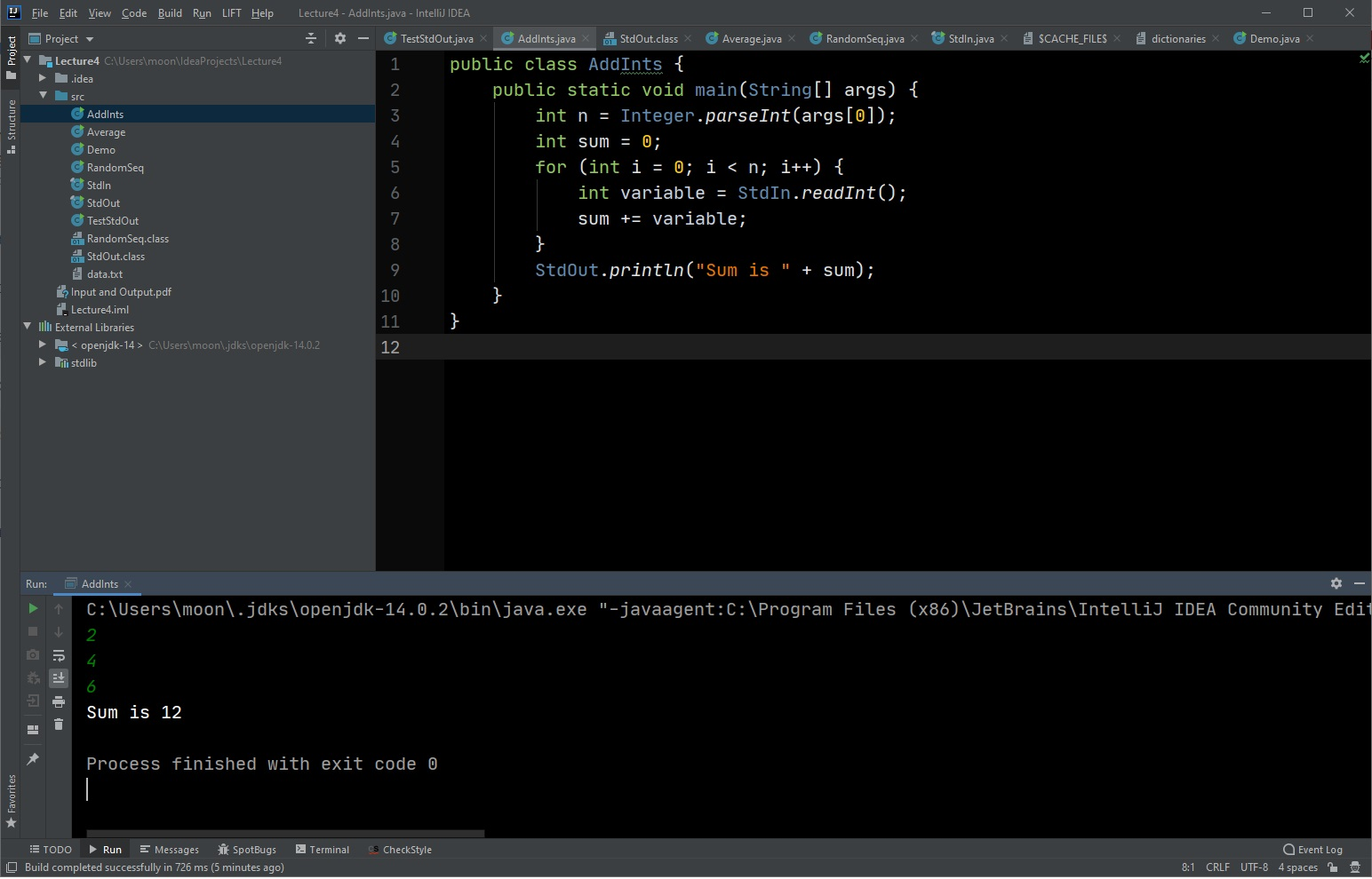 StdOut TestStdOut StdOut.class Input and Output.pdf Lecture4.iml III External Libraries Terminal: Terminal