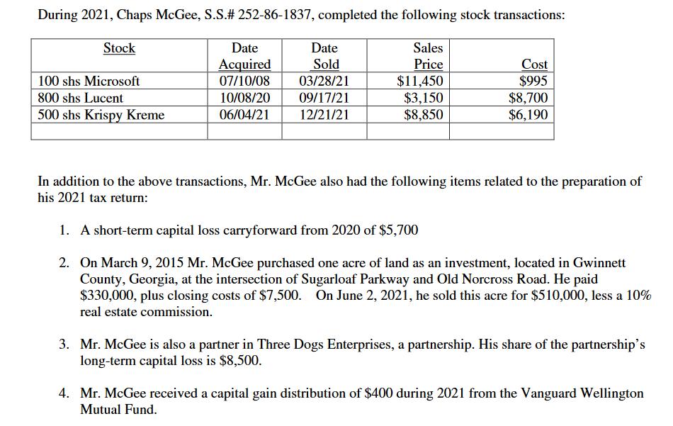 During 2021, Chaps McGee, S.S.# 252-86-1837, completed the following stock transactions: Sales Price Stock