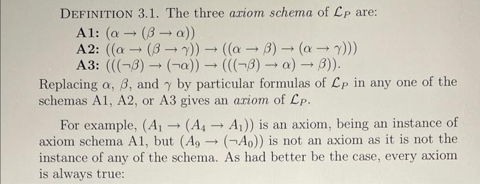 DEFINITION 3.1. The three axiom schema of ( mathcal{L}_{P} ) are: A1: ( (alpha ightarrow(beta ightarrow alpha)) )