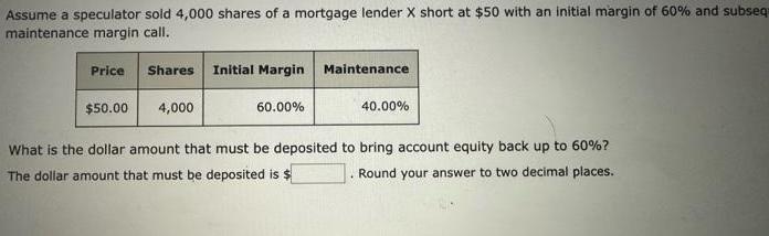 Assume a speculator sold 4,000 shares of a mortgage lender X short at $50 with an initial margin of 60% and