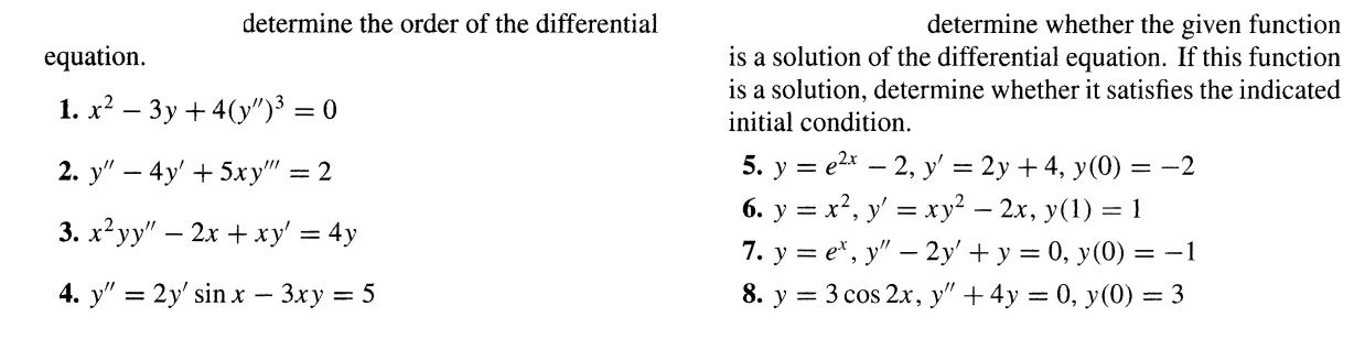 determine the order of the differential equation. 1. x - 3y +4(y